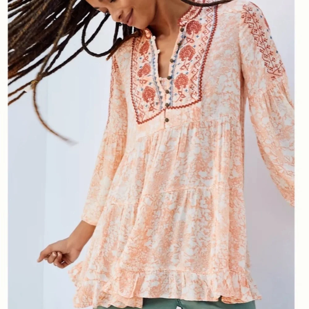 Anthropologie Claudia Floral Embroidered Baby Doll Top - S